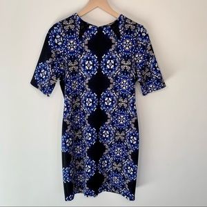 Taylor Blue and Grey Floral on Black Geometric Print Short Sleeve Dress, 8
